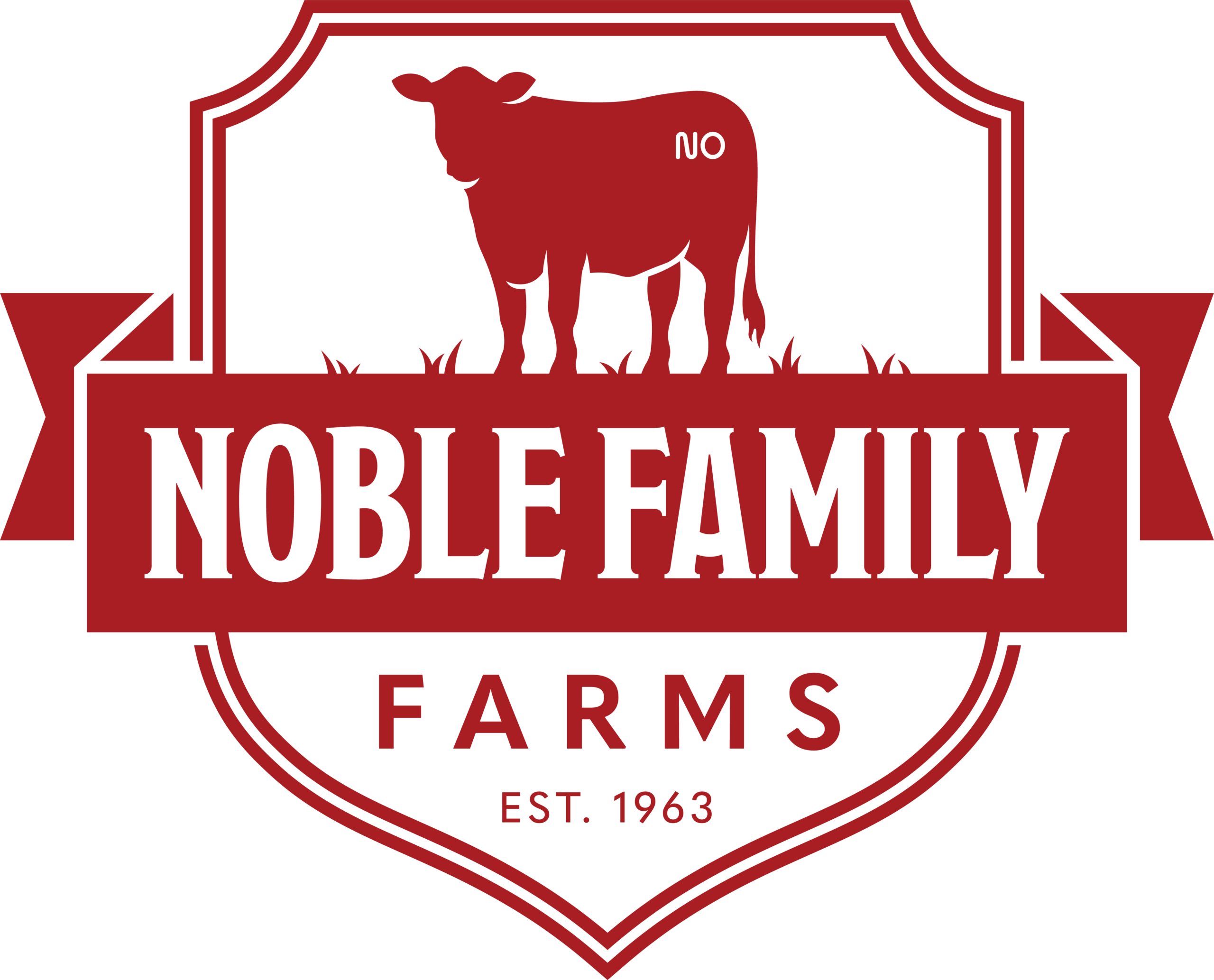Logo_Shield_Red Logo of Noble Family Farms featuring a cow silhouette, established in 1963, designed in red and black colors, symbolizing quality and heritage in farming.